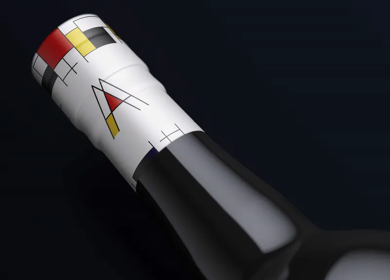 Detalle del cuello: la cápsula con la «A» geométrica y bloques de colores
