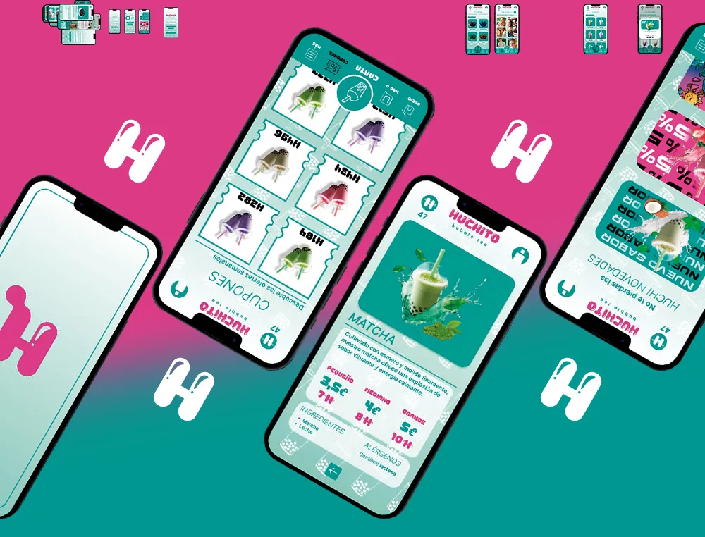 Pantallas de Huchito App sobre fondo magenta y verde azulado