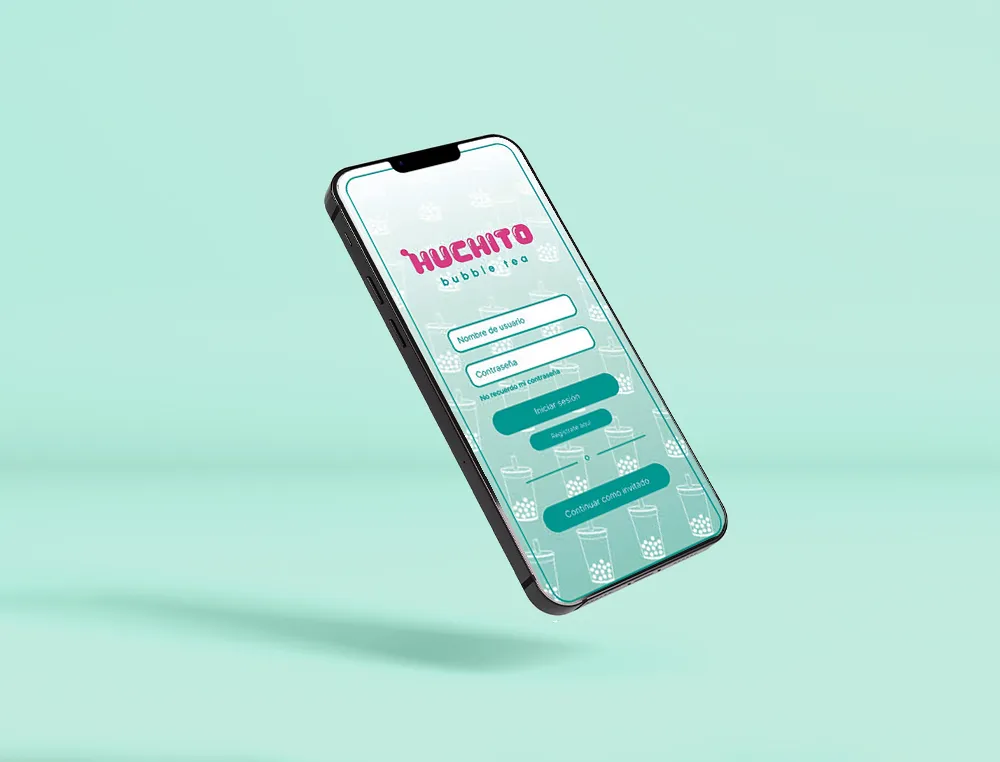 Móvil flotando con la pantalla de inicio de sesión de Huchito App