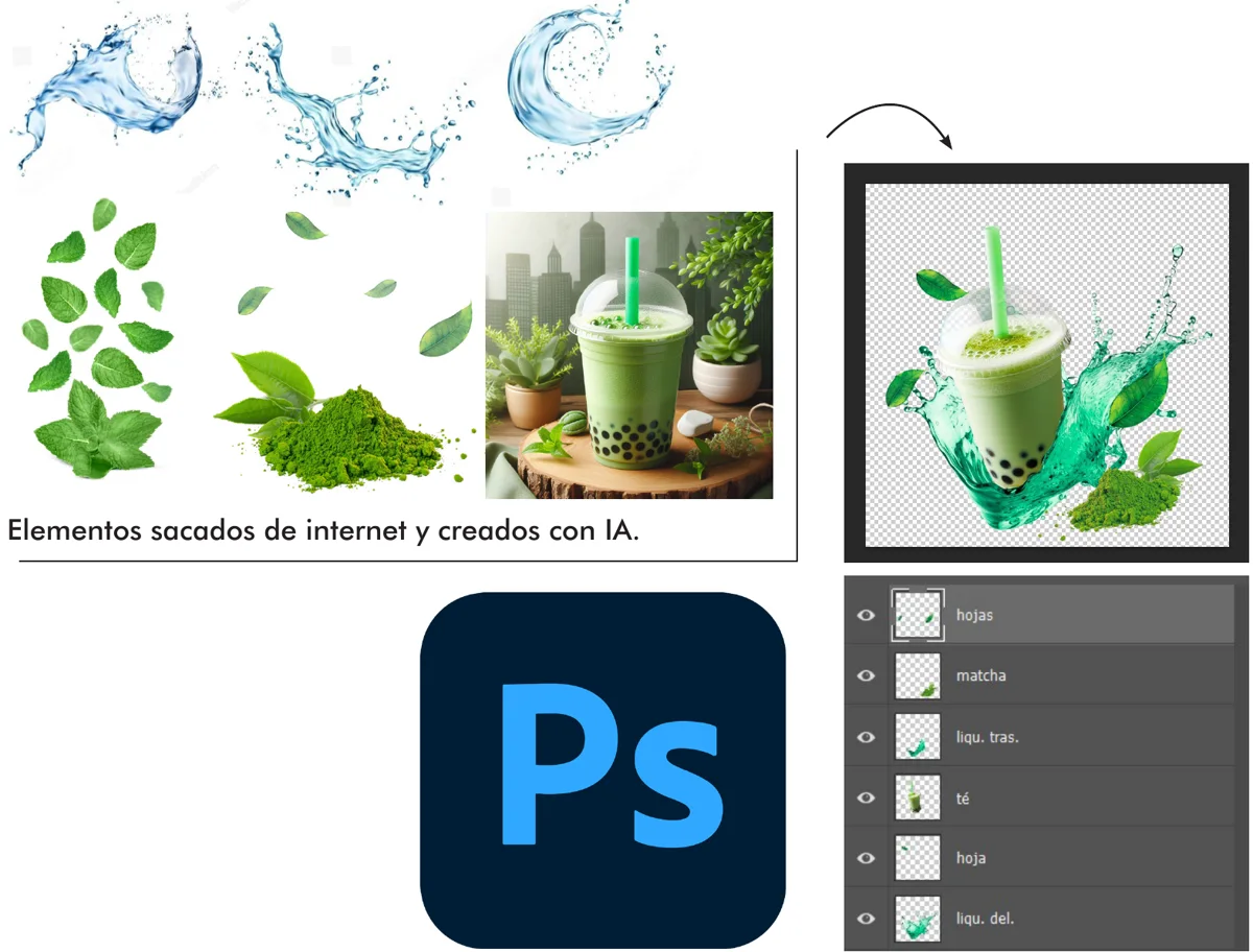 Elementos sueltos y composición por capas del té matcha en Photoshop