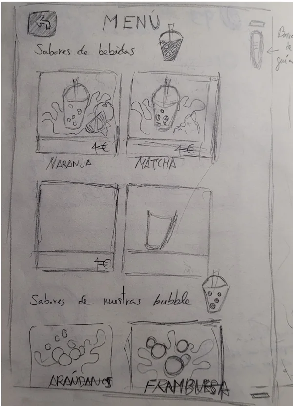 Wireframe a lápiz de la carta de bebidas