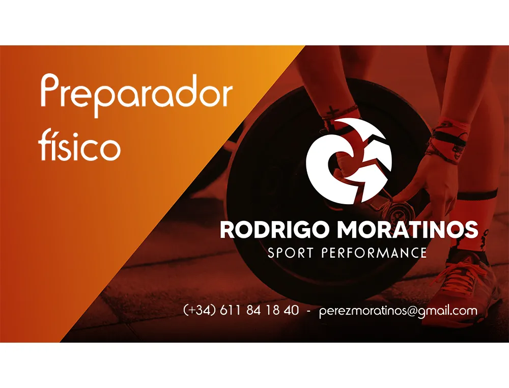 Tarjeta de visita de preparador físico con el logotipo de Rodrigo Moratinos